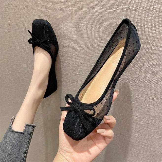 TKX 여성용 스퀘어토 플랫슈즈 도트 망사 리본 장식 통풍 캐주얼 우아한 데일리 편안한 발레리나 신발