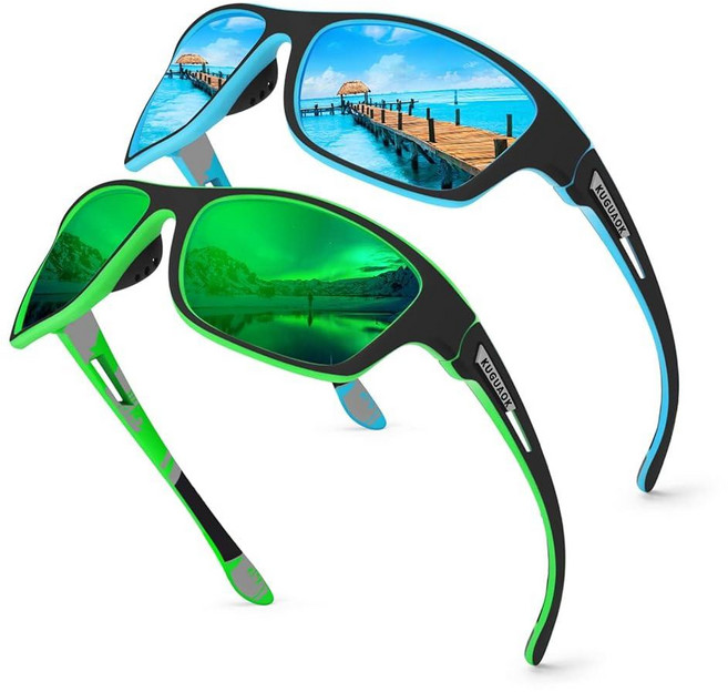 KUGUAOK 남성용 편광 스포츠 선글라스 2팩 운전 사이클링 낚시 선글라스 100% 자외선 차단 고글 블랙+다크 블루 2팩, 블루+그린 2팩