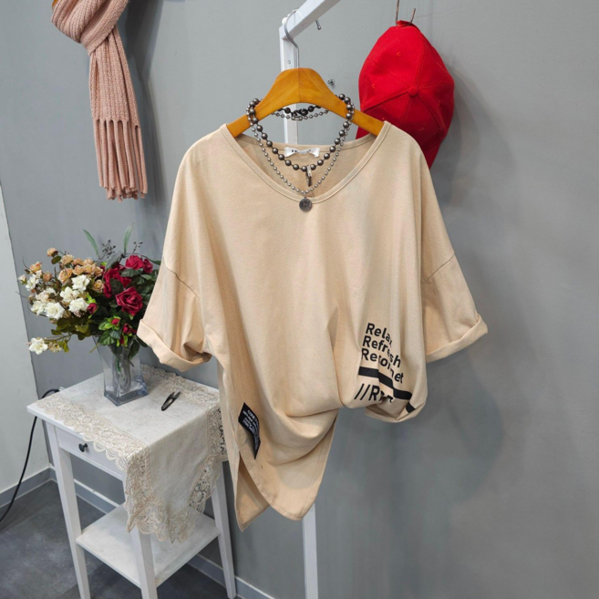 여성용 브이넥 면 릴렉스 루즈핏 반팔티셔츠 캐주얼 오버핏