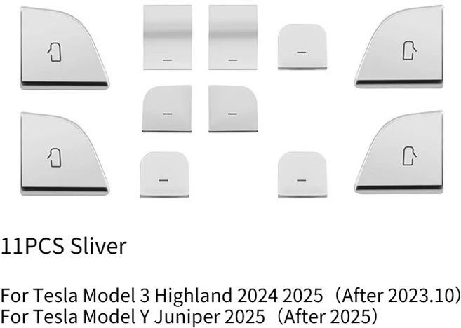 테슬라 모델 3 하이랜드 모델 Y 주니퍼 ABS 자동차 도어 오픈 버튼 커버 스티커 액세서리용 윈도우 리프터, 02 11PCS Sliver