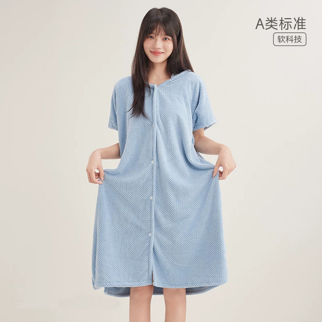 連帽浴袍式浴巾女可穿可裹秋冬長袖比純棉吸水家用防寒加厚睡裙, 1個, 1個裝, 【無袖連帽款】清水藍(A類標準 透氣速幹):如图