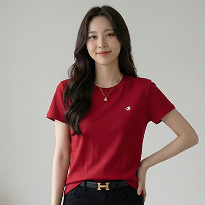 데일로엔 여성 심플 자수 포인트 데일리 반팔 이너 티셔츠