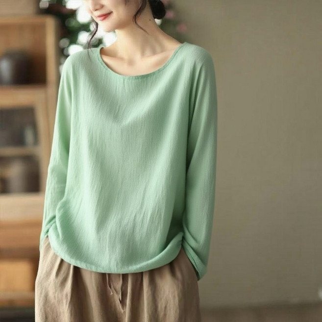 Makone 여성 린넨 루즈핏 긴팔 티셔츠 심플 솔리드 무지 베이직 블라우스 데일리룩