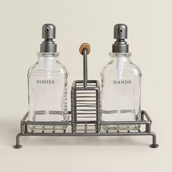 주방 세제통 디스펜서 세제용기 공병 290ml 2P 거치대 세트, 메탈