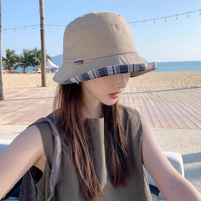 느와드코코 체크 엣지 라인 헤링본 배색 버킷햇 모자