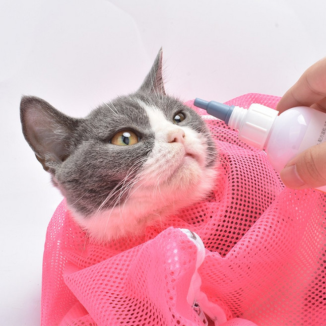 1/2/3구성 고양이 다용도 목욕 주머니 캣 목욕망 귀청소 위색 그루밍 샤워망, 1개, 핑크