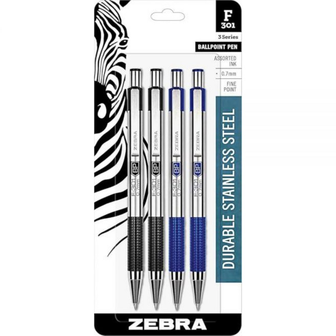 Zebra F-301 접이식 볼펜 스테인리스 스틸 배럴 0.7mm 파인 포인트 4팩 블랙 2개 & 블루 359088, Zebra F-301 접이식 볼펜, 스테인리스 스틸 배