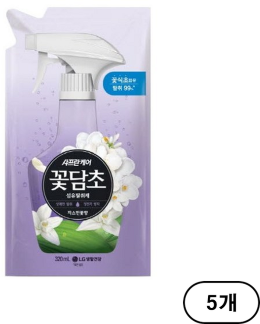 샤프란 [살균 99.9%] 샤프란케어 꽃담초 섬유탈취제 자스민꽃향 섬유 탈취제 리필, 5개, 320ml