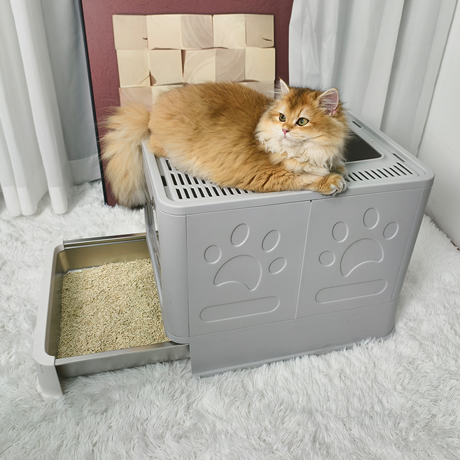 BingoPaw 스테인리스 고양이 화장실 대형 접이식 화장실 서랍형 냥이 화장실 38.3x48.5x38.5cm, 1개, 그레이