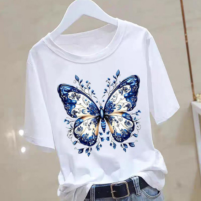 VVRR 여성 꽃무늬 프린팅 디자인 라운드넥 데일리 베이직 패션 반팔 티셔츠 G0061513