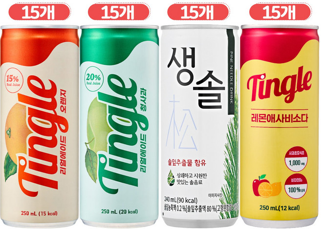 일화 롱캔 음료수 혼합 4종 15개씩(팅글오렌지+팅글청사과+팅글레몬애사비소다+생솔), 60개, 240ml