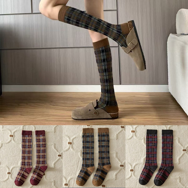 다이나토리 여성 사계절 패션 체크 패턴 니삭스 3켤레