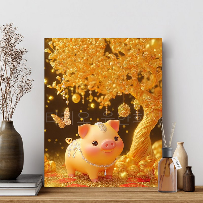 티레오 보석십자수 캔버스형 DIY 액자형 겨울 풍경화 크리스마스 인테리어 40x50cm 3D 대형 그림, 돼지 금전수, 1개