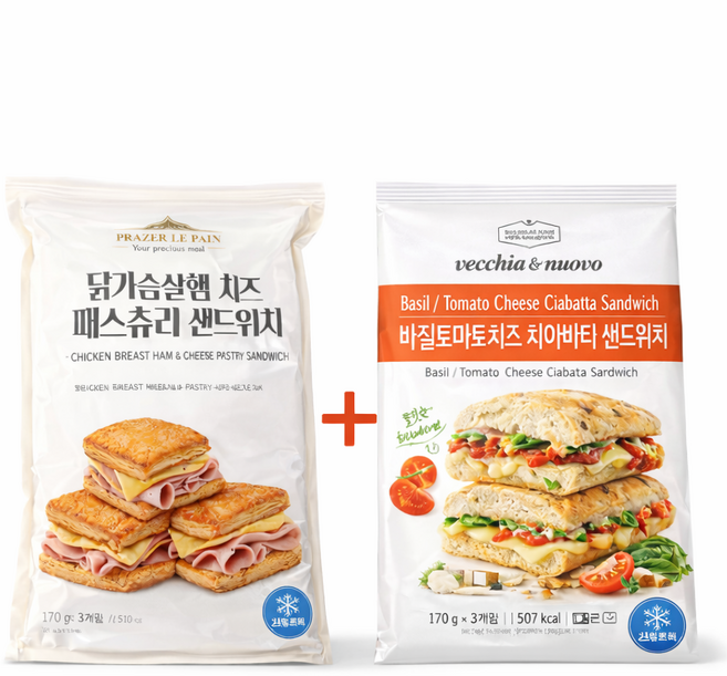 3+3 베키아에누보 바질 토마토 치즈 치아바타 샌드위치 + 닭가슴살햄 치즈 패스츄리 샌드위치, 1세트, 1.06kg
