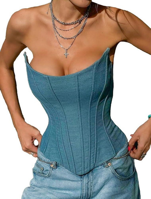 Perfect Corset NYC 오버버스 새틴 코르셋 탑 레이스업 15개 스틸 본드 데님 스몰