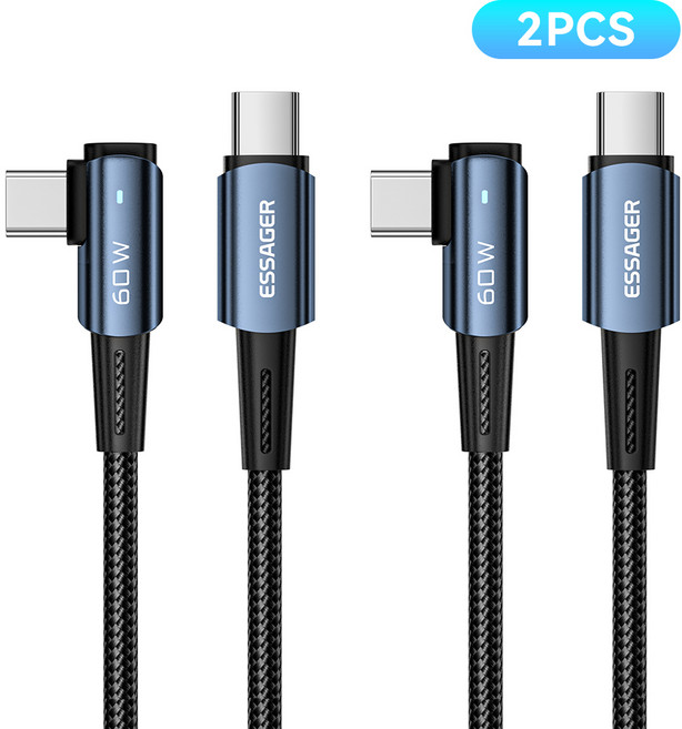Essager PD 60W C to C타입 엘보 90도 L자형 고속충전 케이블 2개입, 블루, 2개, 1m