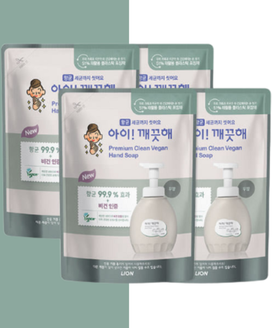 아이깨끗해 프리미엄 클린비건 핸드워시 400ml 리필 4개입 거품형 손세정제