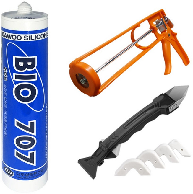 백색 바이오 실리콘 270ml + 실리콘건 + 헤라 겸용 실리콘제거기 욕실 주방 다용도, 1개