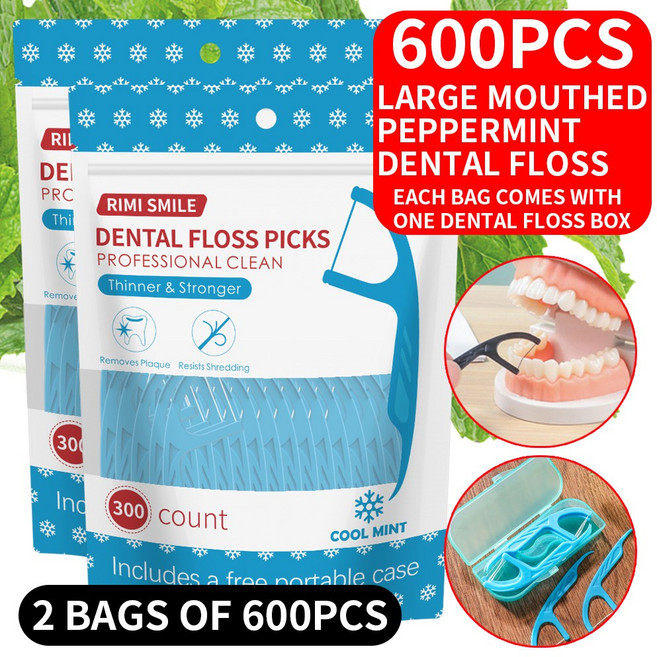 600개 블루 민트 대형 입 치실 - 가방당 상자 1개 제공 가족 크기 포장에 적합, 01 600PCS 2 packs