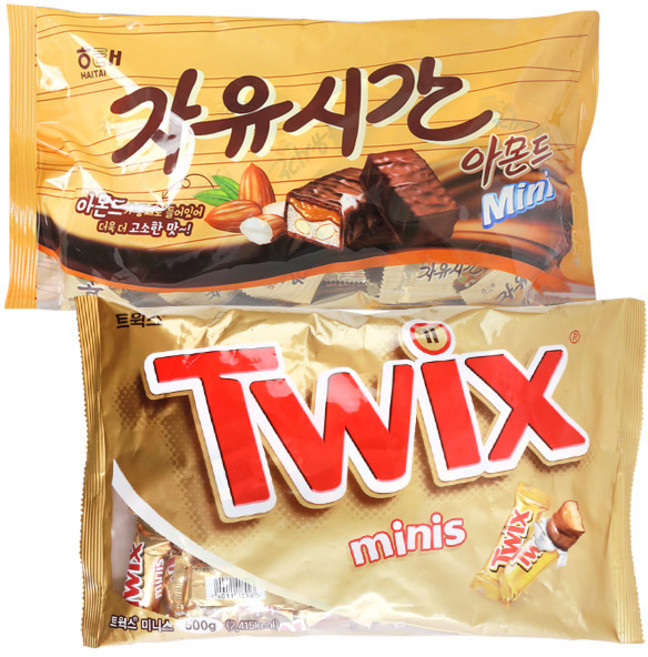자유시간 미니 아몬드 506g + 트윅스 미니 500g 대용량 초코바 사무실 탕비실 간식, 1세트