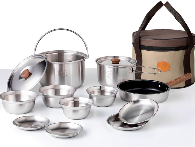 주방부터 캠핑까지! 스텐 3중 바닥 설계 냄비 프라이팬 인덕션겸용 캠핑 코펠 12종 풀세트 2~4인용, 1세트