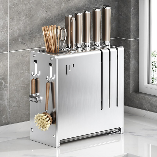 호밍사이 수저통 칼꽂이 스테인레스 수저통 칼보관함 입식 부엌 큰칼꽂 벽걸이 이 나이프나이프가드, 1개, 실버