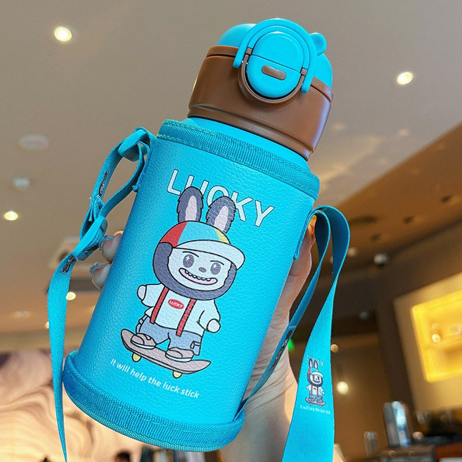 貝特優美 兒童保溫杯 卡通雙飲設計食品級不鏽鋼水壺, 1個, 藍色-拉布布 500Ml