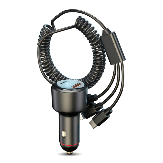 PD100W 초고속 차량시거잭 USB+타입C 1대3 스프링케이블 카차저, 검은색, P68XC