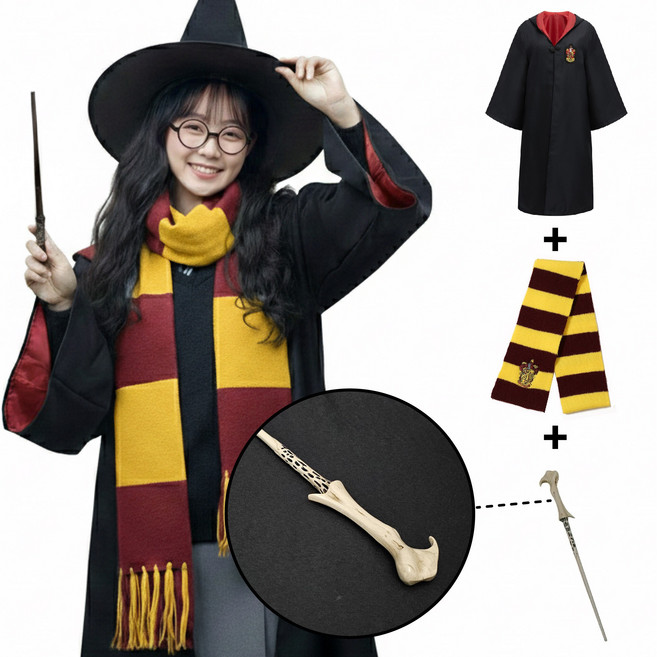 [청춘교복] 고퀄리티 해리포터 3종세트 로브+볼드모트 지팡이+머플러 코스프레 할로윈 마법사 졸사 졸업사진