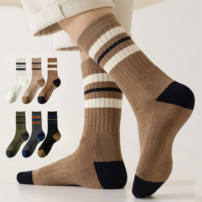 뷰티 남성용 스트라이프 투톤 중목 양말 6켤레