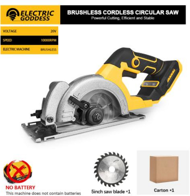 원형톱 목공 전기 여신 5인치 브러시리스 모터 ﻿ 무선 원형 톱 1000W 휴대용 디월트 호환 20V 배터리용, 1)No Battery