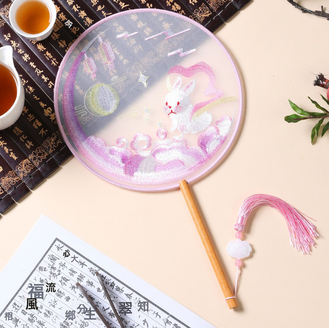 DIU 夏季新古風扇子蘇州雙面刺繡團扇舞蹈用國風漢服旗袍圓扇中國風, 1個, 刺繡扇-吉祥玉兔:如圖