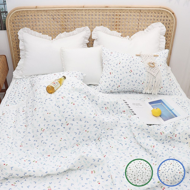 이즈베딩 리프 체리 시어서커 순면 국내생산 여름이불세트 여름 차렵이불세트