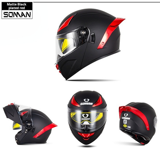 SOMAN F2 全罩安全帽 炫光雙鏡片, 消光黑電鍍紅,L(57-58)cm
