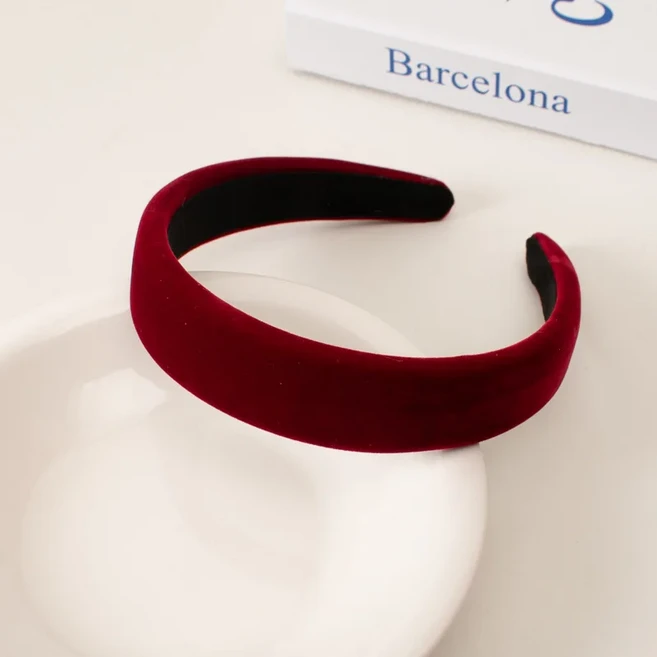 여성용 빈티지 와인 레드 벨벳 얇은 스펀지 헤어밴드 1개; 블랙 워시 프레싱