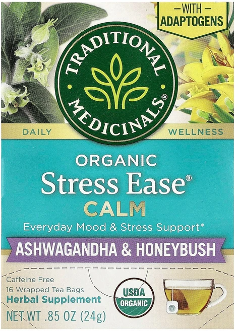 Traditional Medicinals Organic Stress Ease® Calm 아슈와간다 & 허니부시 무카페인 개별 포장 티백 16개 24g TRA-00849 - 쿠팡