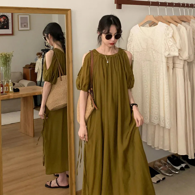 赫本風設計感露肩連衣裙女胖MM特大碼200-300斤夏季寬鬆遮肚顯瘦