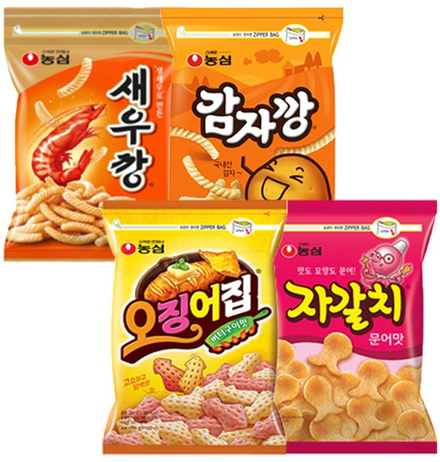 농심 대용량 지퍼백 4봉(새우깡1+감자깡1+빅오징어집1+빅자갈치1) 무배, 4개