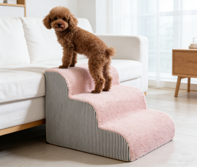 WHH 안전한 고양이 강아지 계단 높은 침대용 튼튼한 애견 커브 스텝, 1개, 핑크