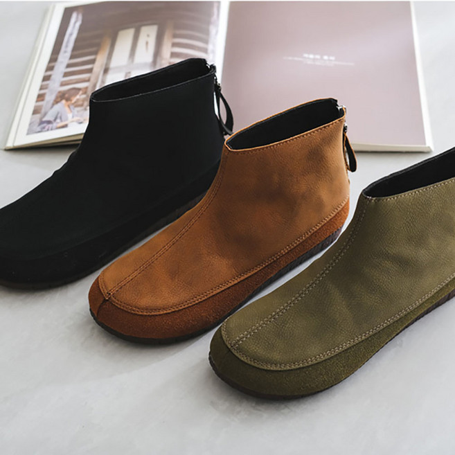 ANK 928 소가죽 구이파 백슬릿 방한 앵클부츠 뒷지퍼 털부츠 패션부츠