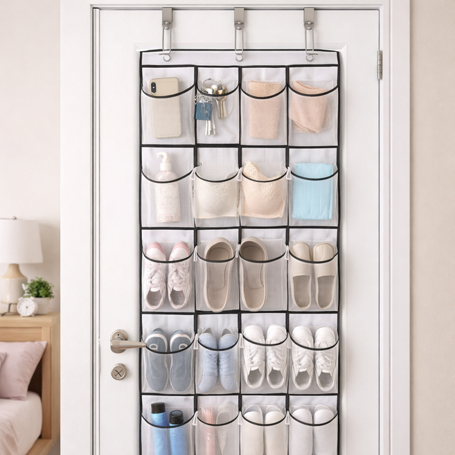 대용량 포켓이 있는 도어 오거나이저 옷장 벽걸이 속옷 양말 수납 걸이 가방 포켓 24칸 뒤 행거백 수납 가방 신발 벽수납포켓, 화이트