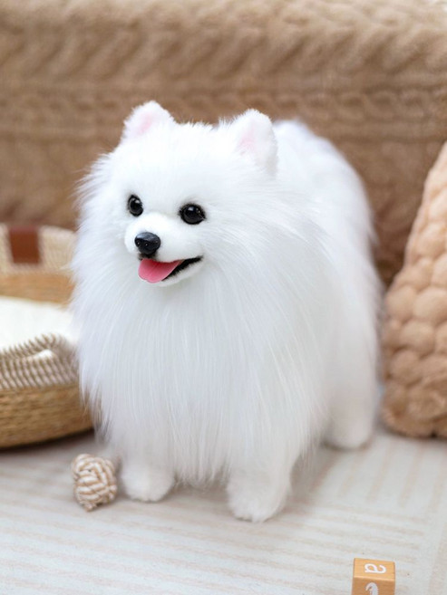 스피츠인형 포메라니안인형 리얼 폼피츠 진짜같은, 흰색 보메 스탠딩-빨간 넥카라