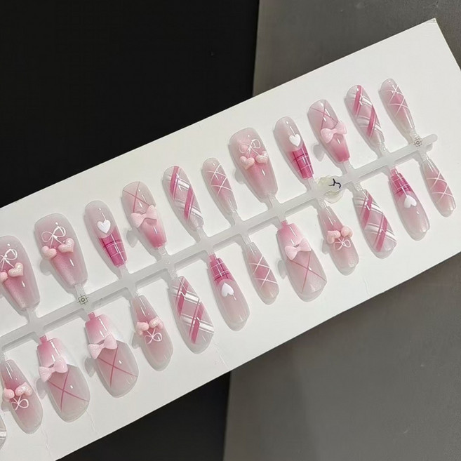 해피유통 핑크 체크 리본 하트 포인트 네일팁 세트 30p, T126, 30팁