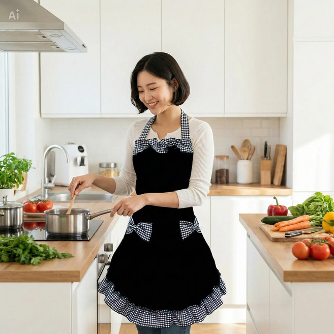 더담다 예쁜 주방 프릴앞치마, 1개, 블랙