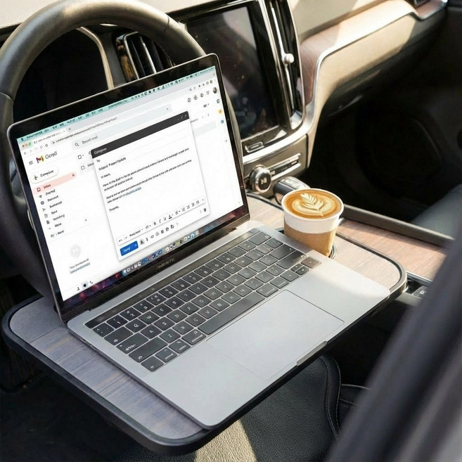 라운드데이 1초완성 핸들거치 차량용 테이블 노트북 트레이 간이식탁, 블루그레이, 1개