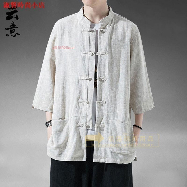中國風亞麻短袖唐裝男復古五分袖漢服棉麻居士服茶服