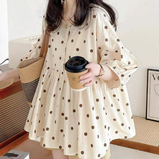 루스리더 여성 여름 라운드넥 벌룬 블라우스 V506