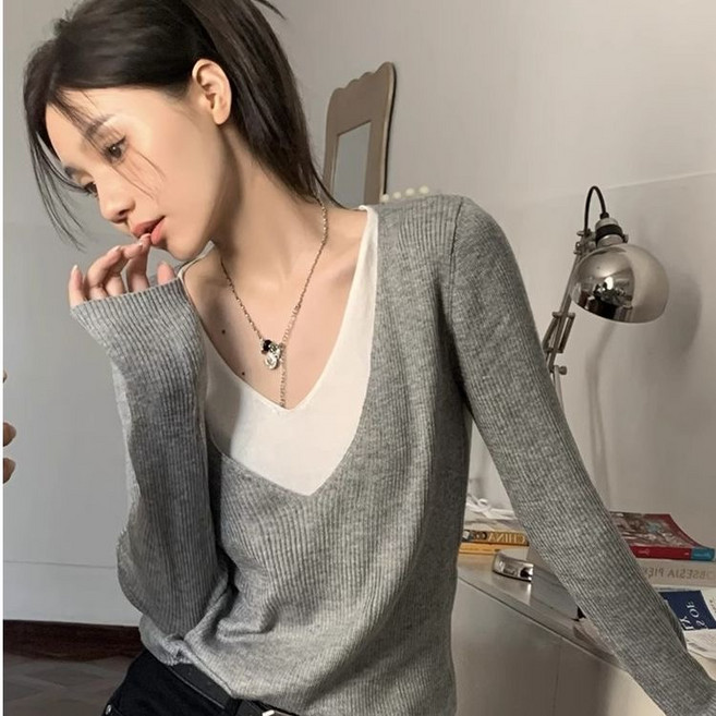 COSYEVNO 여성 브이넥 니트 스웨터 긴팔 슬림핏 봄가을 캐주얼 TZKbkzzs-4