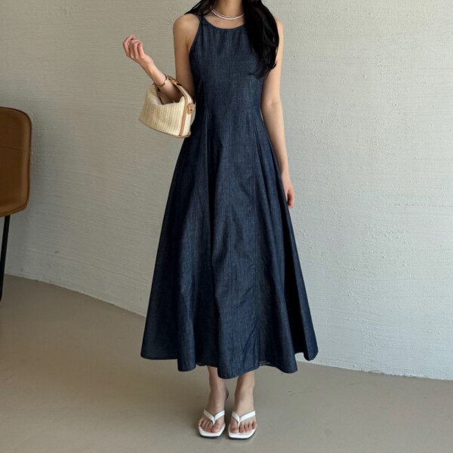 생지 데님 슬리브리스 롱 원피스_M2505OP610B