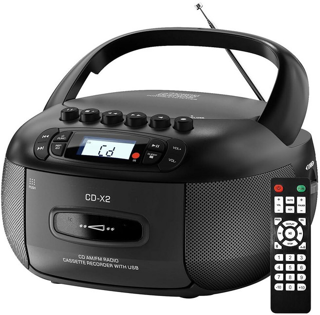 큐폼 붐박스 CD 카세트 플레이어 콤보: 블루투스 및 리모컨이 있는 스테레오 사운드 AM FM 라디오블랙, 블랙